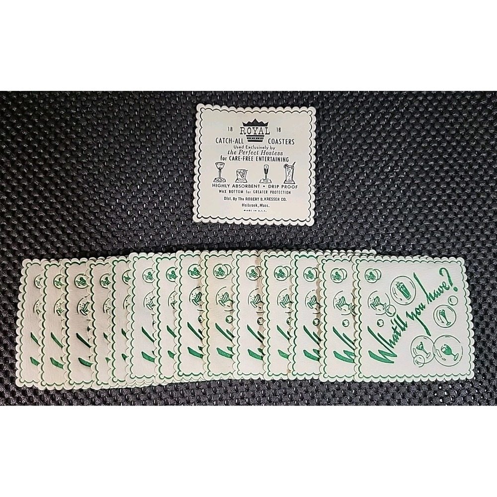 Vintage Royal Catch-All Paper Coasters Green White "What'll You Have?" Barware - Picture 10 of 13